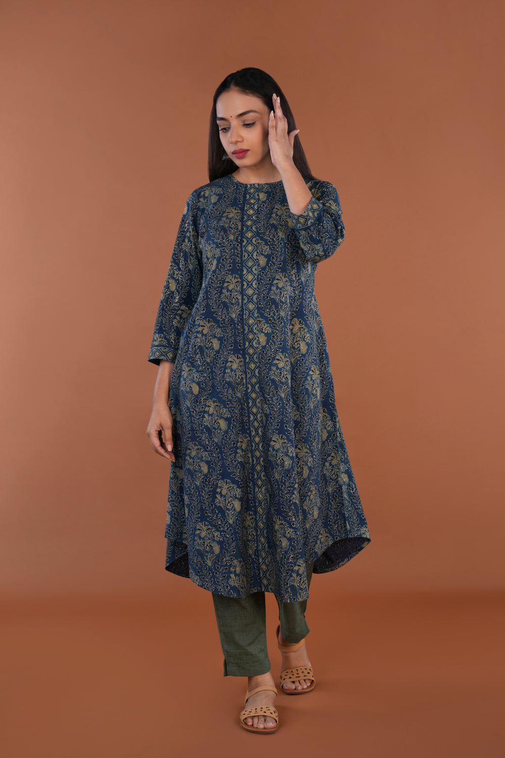Image of Indigo blue floral Ajrak handblock printed Kurta